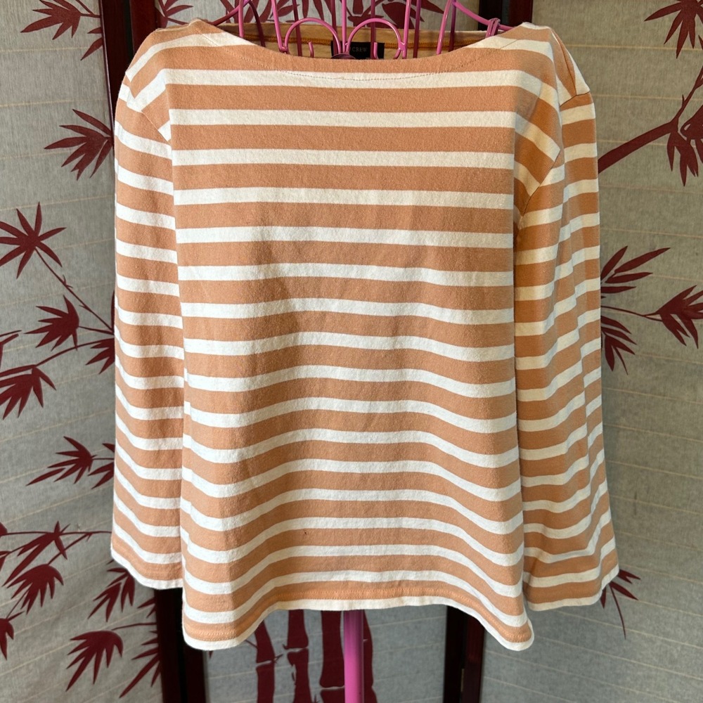 J Crew Striped Boatneck Long Sleeve Top Peach White‎ Heavy Cotton XL Vacation